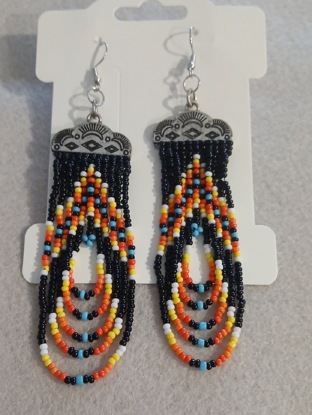 Bohemian Multicolor Seed Bead Teardrop Dangle Earrings - Black, Orange & Yellow